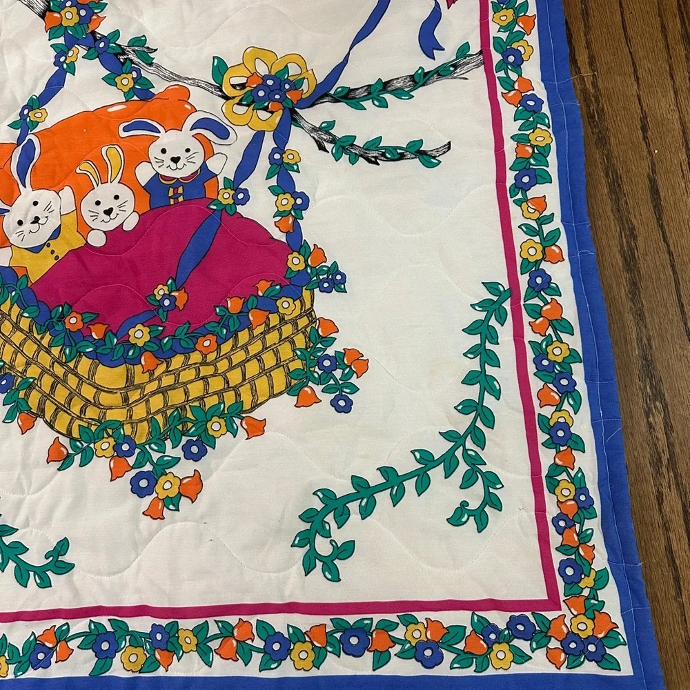 Vintage 80s 90s Baby Quilt 3 Bunnies in a Basket 31x41” Stains See Pictures